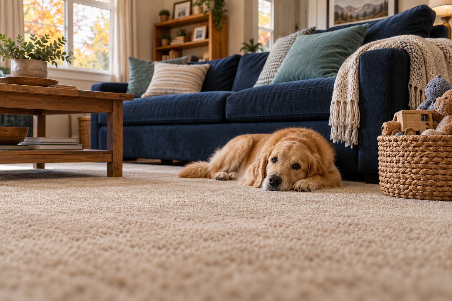 A dog resting on carpet in a comfortable family room