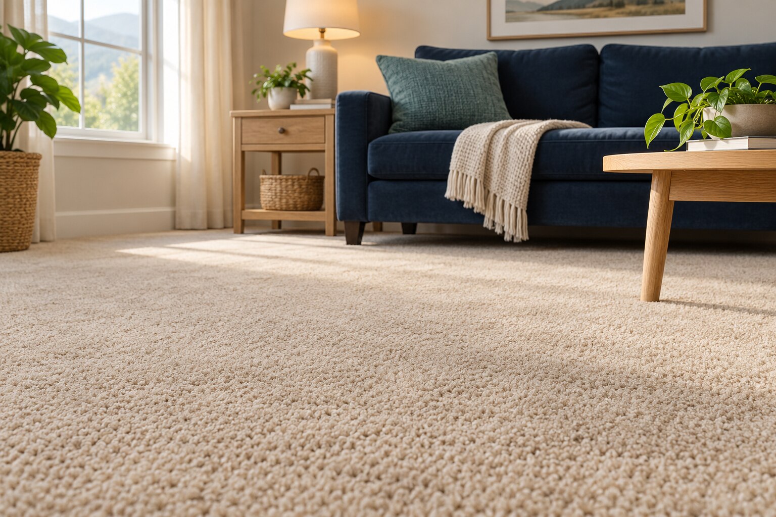 Light carpet and a navy sofa in a comfortable living room