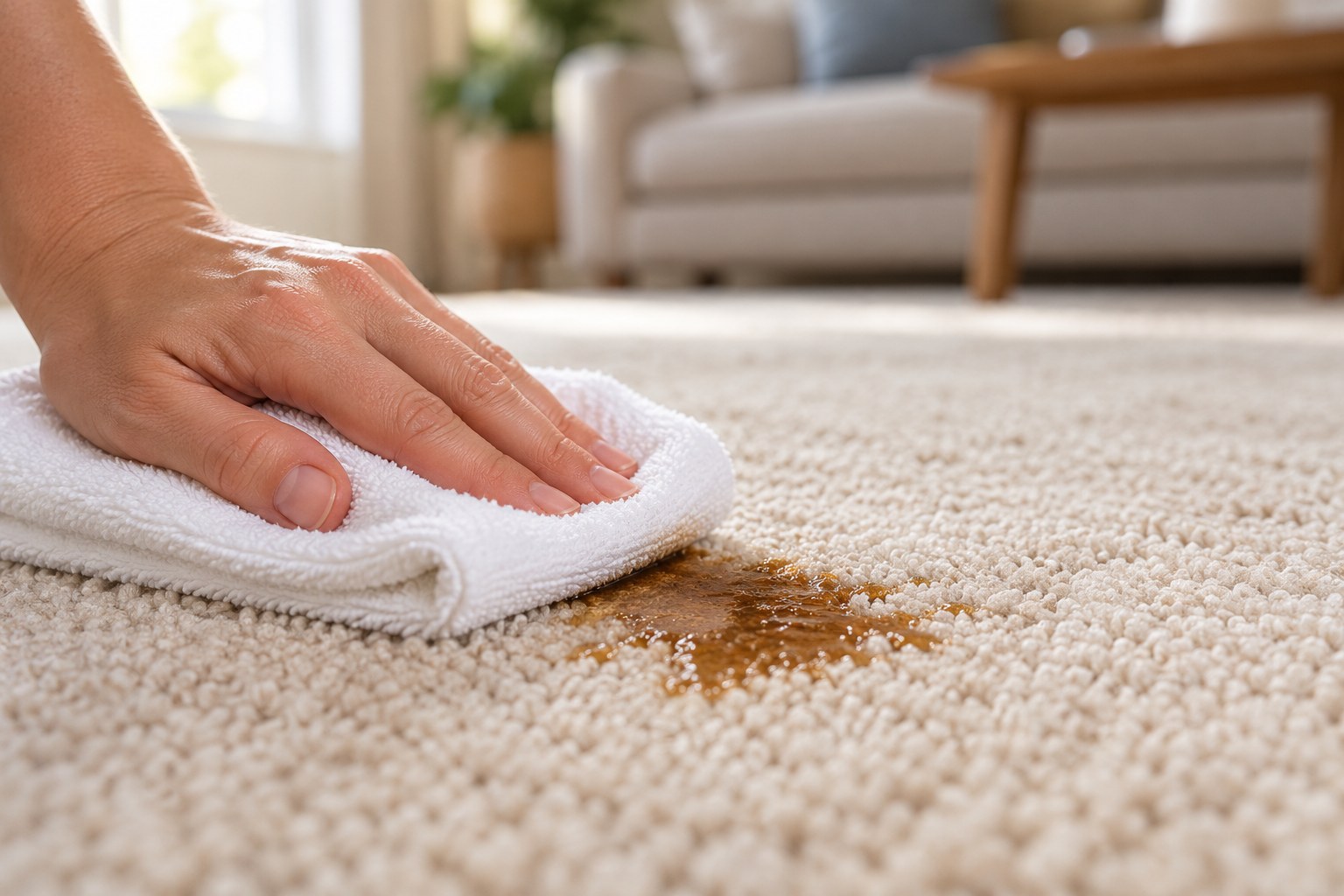 A hand pressing a folded white towel onto the edge of a coffee spill to absorb liquid without rubbing