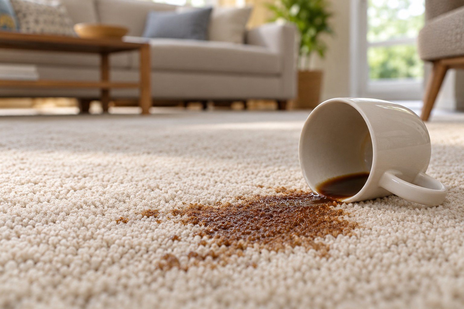 Fresh coffee spill on a light carpet beside a tipped mug