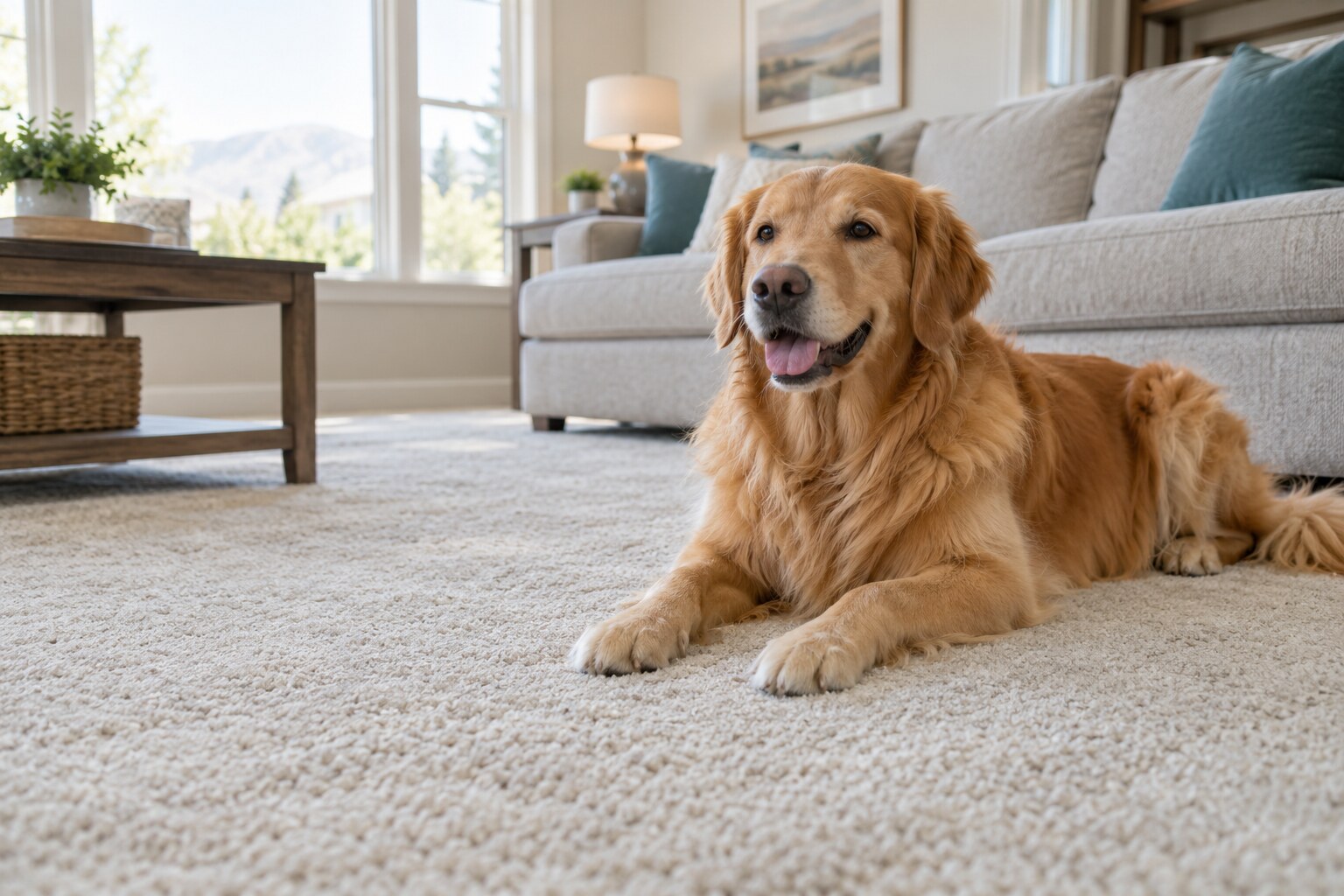 Golden retriever resting on a light carpet in a bright living room