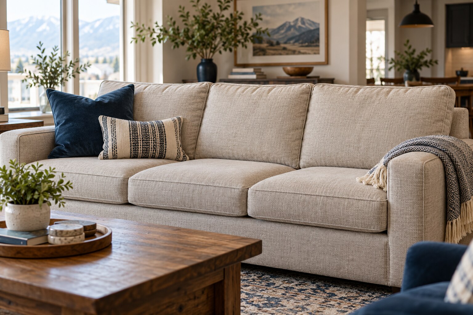 Comfortable fabric sofa in a bright living room