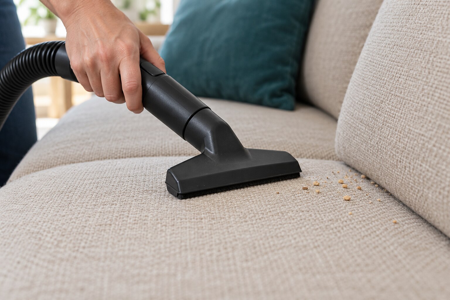 An upholstery vacuum attachment removing crumbs from a fabric sofa seat